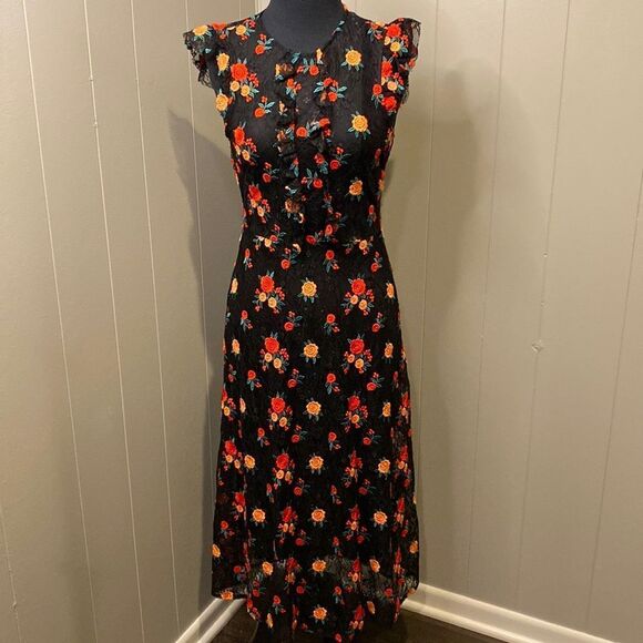 Zara Extra Small Black Lace Floral Midi Dress Black Underlining Long Ruffles - Picture 1 of 8